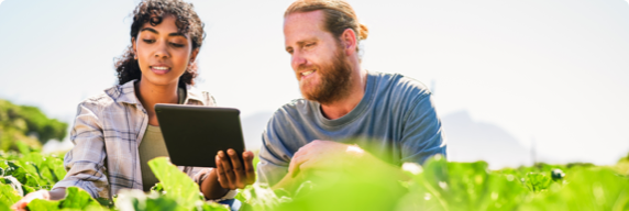 Photo of a man and woman looking at a tablet around some plants 