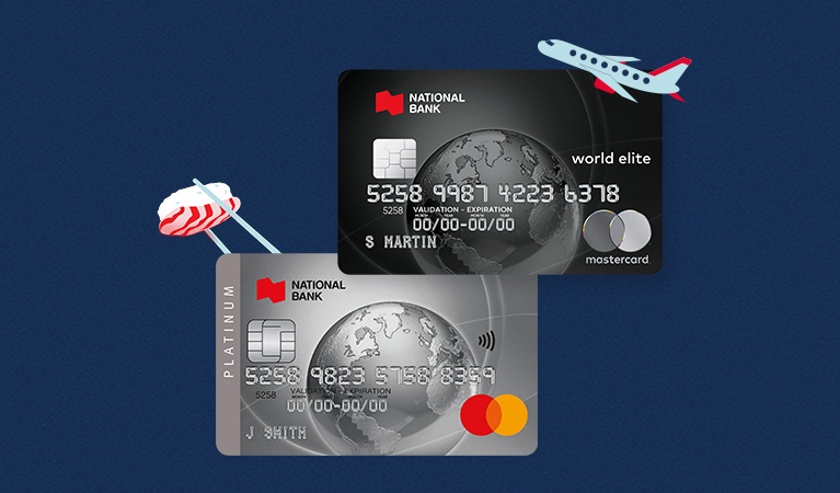Photo of the Platinum and World Elite Mastercard credit cards with a drawing of a plane and piece of sushi 
