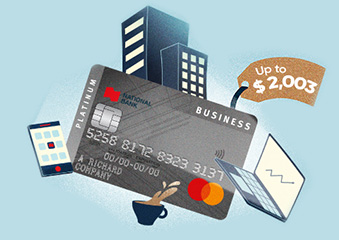 Photo de la carte de crédit Mastercard Platine Affaires avec une étiquette indiquant la valeur de 2 003 $ 