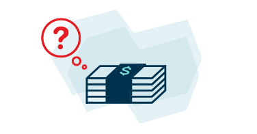 Illustration of bundle of banknotes with thought bubble containing a question mark 