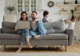 Happy family in his living room