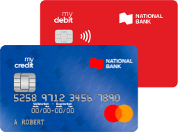 Photo of a National Bank credit card and debit card