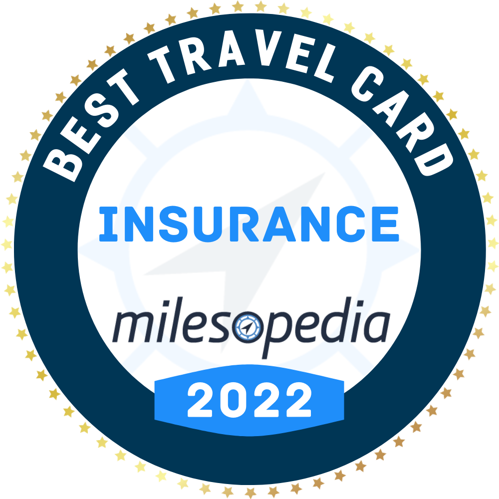 Picto of a badge titled best credit card for travel insurance Milesopedia 2022