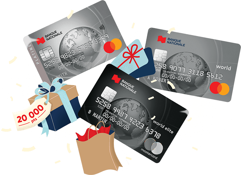 Illustration of three National Bank Mastercard credit cards and gifts displaying 20,000 points 