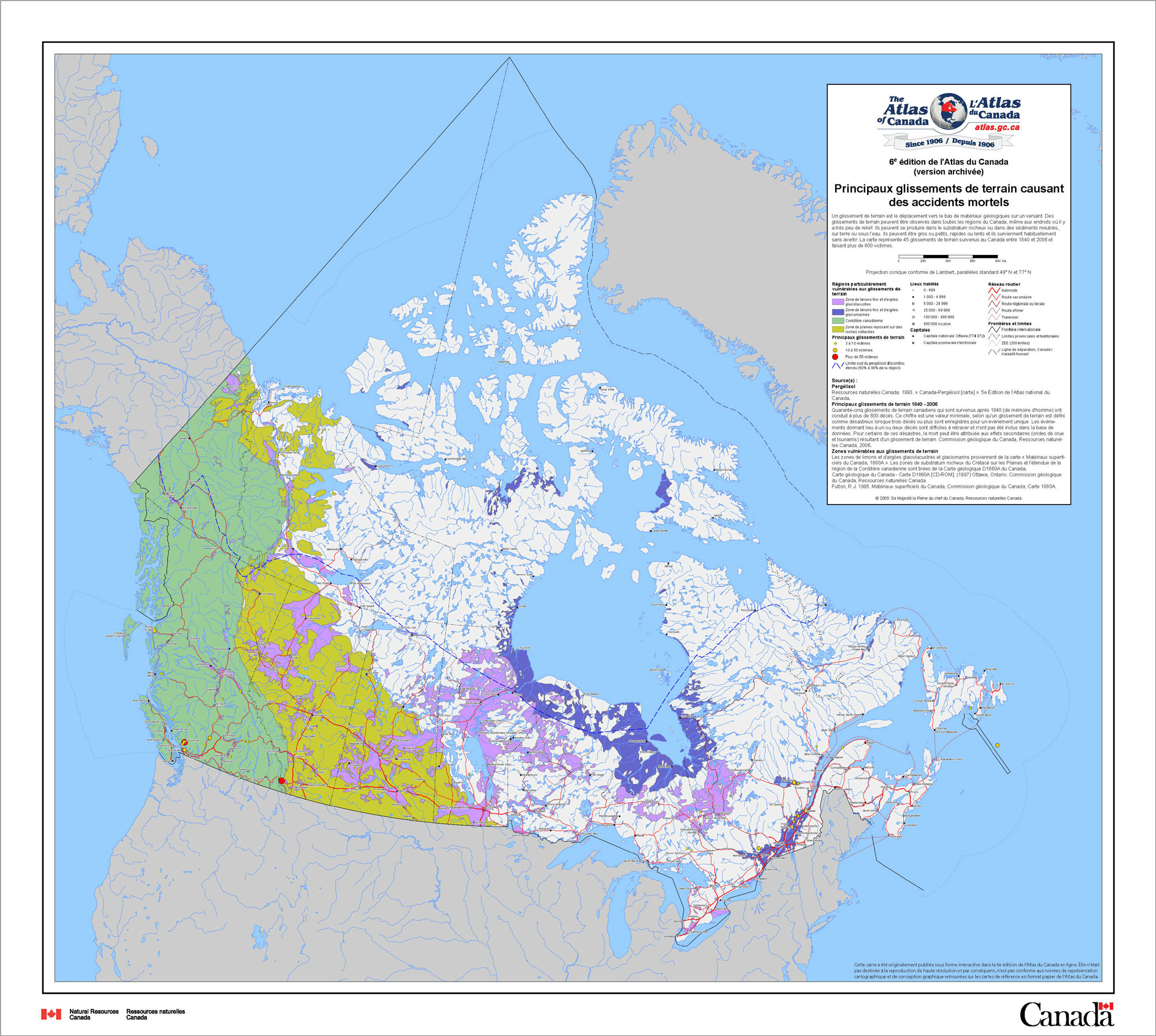 Geological map of Canada that represents 45 landslides which occurred between 1840 and 2006