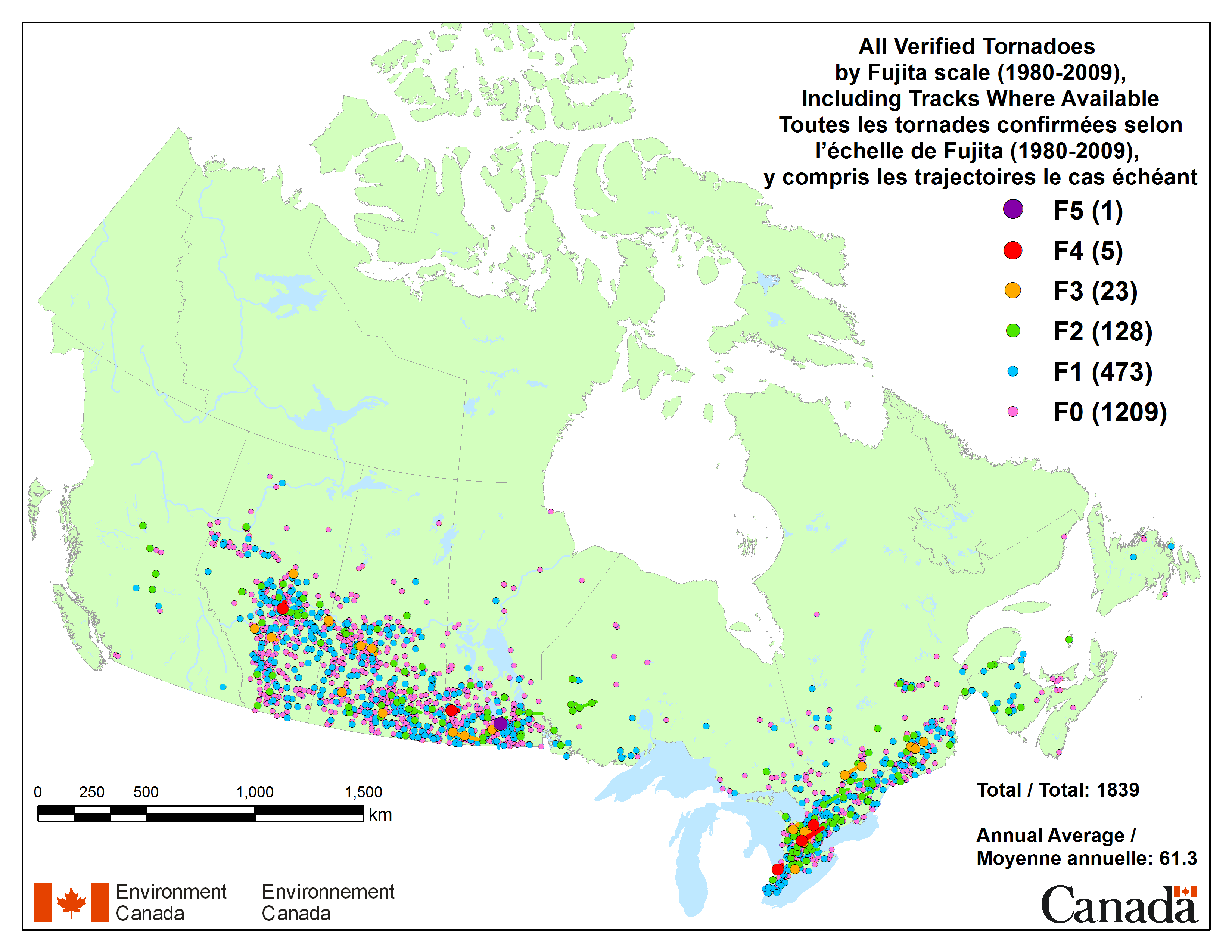 Geological map of Canada that represents areas affected by tornados